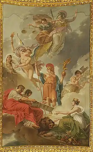 Die Welt empfängt von den Kaisern Hadrian und Justinian die von Natur, Gerechtigkeit und Weisheit diktierten Gesetze
(Französisch: La Terre recevant des empereurs Adrien et Justinien le code des lois romaines dictées par la Nature, la Justice et la Sagesse) (Charles Meynier)