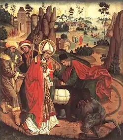 Das Bärenwunder – Der hl. Korbinian von Freising als Bischof bei seiner Überquerung der Alpen auf dem Weg nach Rom im Jahre 710, Jan Polack, Öl auf Nadelholz, 1489