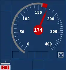 Tacho bei Überschreitung der Eingriffsgeschwindigkeit (174 statt zulässiger 160&nbsp;km/h) mit laufendem Bremseingriff (Symbol unten links)