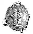 Dieses Dieburger Siegel ist ein Pfarrsiegel, dessen Petschaft noch vorhanden ist. Es stammt aus dem 19. Jahrhundert. Es zeigt die Apostel Petrus und Paulus, die seit vielen Jahrhunderten als Patrone der Pfarrkirche verehrt werden. Die Umschrift lautet auf Deutsch: Siegel der Pfarrkirche zu den hl. Aposteln Petrus und Paulus in Dieburg.