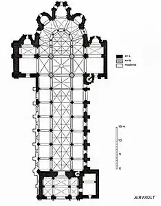 Grundriss: Umgangschor mit Radialkapellen, Querhaus mit Nebenapsiden, „unten“ der Narthex