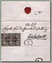 Der Eichstätt-Brief mit einem Sechserblock von schwarzen Einsern