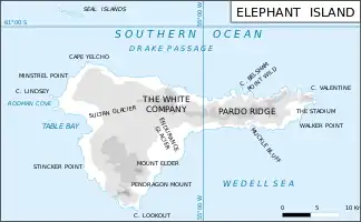 Karte von Elephant Island mit The Stadium (rechts)