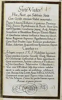 Epitaphinschrift Johann Bartholomäus von Busch, aus dem Thesaurus Palatinus