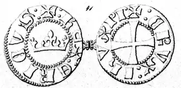 Schwarze Krone (Svartkrone) Eriks&nbsp;II. von 1290. Die Münze mit dem geringsten Silbergehalt von 60–80 ‰