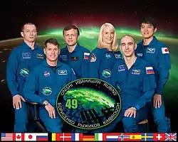 v. l. n. r.: Sergei Ryschikow, Robert Kimbrough, Andrei Borissenko, Kathleen Rubins, Anatoli Iwanischin und Takuya Ōnishi