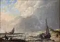 Ein Ölgemälde von George Lourens Kiers, das ein Fischerboot im an- oder abziehenden Gewitter zeigt.