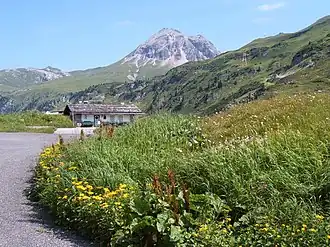 Flexenpass mit Flexen-Häusl, im Hintergrund die Rüfispitze (2632 m ü. A.)