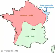 État français (grüne Zone),deutsch besetzt (rote Zone)
