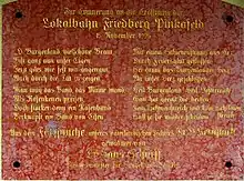 Bahnhof Friedberg, Gedenktafel zur Eröffnung (Gedicht von Ottokar Kernstock)&nbsp;