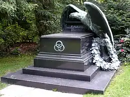 Grabmal auf dem Friedhof Bredeney aus poliertem schwarzem Marmor vom Münchner Bildhauer Otto Lang erschaffen, überdeckt von den Flügeln eines bronzenen Adlers