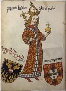 Miniatur Kaiser Friedrich III. stehend mit Insignien, links die Initialen AEIOU