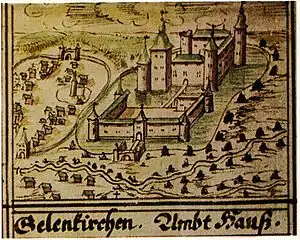Burg Geilenkirchen um 1720 (Stadt und Burg links der Wurm, die Burg wurde überhöht dargestellt)