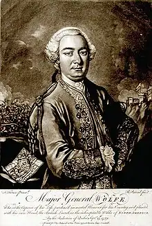 Druck aus dem 18. Jahrhundert, bestehend aus einem Idealporträt von General James Wolfe in Uniform und einer Inschrift, die seinen Soldatentod in der Schlacht auf der Abraham-Ebene im Jahr 1759 rühmt