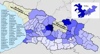 Relativer Stimmenanteil für den Georgischen Traum:﻿>10–20 %﻿>20–30 %﻿>30–40 %﻿>40–50 %﻿>50–60 %﻿>60–70 %﻿>70–80 %﻿>80–90 %﻿>90 %