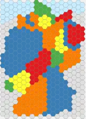 Anteil der Bevölkerung der Bundesländer an der Gesamtbevölkerung der Bundesrepublik Deutschland; im hexagonalen Raster repräsentiert ein Sechseck ca. 250.000 Menschen (2019)