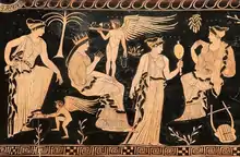 Eros und Himeros als geflügelte Knaben auf einem attisch-rotfigurigen Gefäß,um 400 v. Chr.