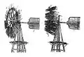 Zeichnung einer Halladay-Turbine auf Holzmastspitze, 8 Scharen zu je 10 Flügeln klappen bei Starkwind aus der Rotorebene, aus 1854, konstruiert von Daniel Halladay (*&nbsp;1826 Vermont)