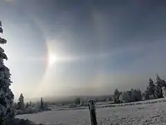 Rechte Nebensonne, 22°-Ring, 46°-Ring, Horizontalkreis und rechte Tapes-Bögen bei Altenberg am 25.&nbsp;Januar 2014