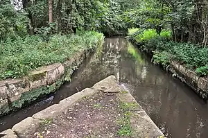 Hanhofer Wassergescheid aus Nordosten: Abzweig des Woogbachs vom Speyerbach nach rechts vorn