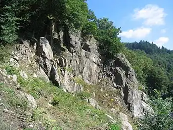 Durch Erosion des Neckars erschlossenes Grund­gebirge: Granit-Klippe Russenstein am Haarlaß bei Heidel­berg