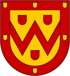Wappen/Logo des Heraldik-Wiki: In Gold mit einem roten Bord, welches mit acht (3:2:2:1) goldenen Schildchen belegt ist, ein roter Doppelsturzsparren, begleitet allseits von je einem roten Schildchen.