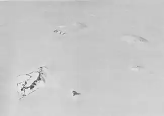 Südlicher Teil des Hudson-Gebirges mit dem Webber-Nunatak links unten (Satellitenbild von Westen)