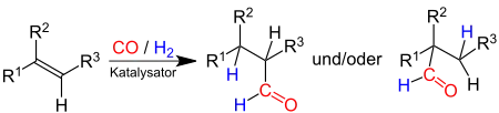 Hydroformylierung eines Alkens (R1 bis R3 Organylgruppen (z.&nbsp;B. Alkyl- oder Arylgruppen) oder Wasserstoffatome).