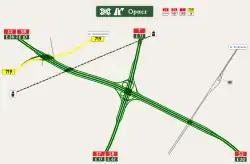 Schema des Knotens Warszawa-Opacz, bestehend aus einem Autobahnkreuz, einer vollständigen und einer teilweisen Anschlussstelle