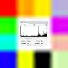 Die bikubische Interpolation der Originaldatei – deutlich sind die weicheren Übergänge erkennbar.U.&nbsp;a. entsteht daraus auch eine Veränderung innerhalb der Farbtiefe (siehe Histogramm in der Mitte) – das bikubisch interpolierte Bild enthält deutlich weniger Lücken in der Tonwertverteilung als das durch Pixelwiederholung interpolierte Bild.