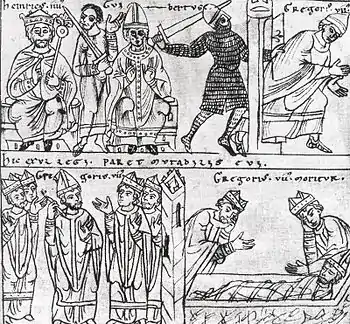 Heinrich IV. mit Gegenpapst Clemens III. (oben links). Die Flucht (oben rechts) und der Tod von Gregor VII. (unten rechts). Illustration aus dem 12. Jahrhundert