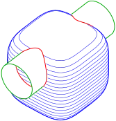Schnittkurve der Fläche  
  
    
      
        
          x
          
            4
          
        
        +
        
          y
          
            4
          
        
        +
        
          z
          
            4
          
        
        =
        1
      
    
    {\displaystyle x^{4}+y^{4}+z^{4}=1}
  
 mit Zylinder: zweiteilig