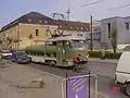 Modernerer Sprengtriebwagen auf Tatra&nbsp;T4-Basis bei der Straßenbahn Kaliningrad