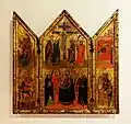 Umkreis des Cristoforo Moretti: Gekreuzigter Jesus, Maria mit dem Kind und mehrere Heilige