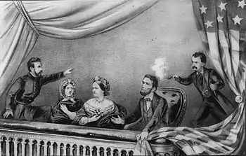 Lithografie des Attentats auf Lincoln; v. l. n. r.: Henry Rathbone, Clara Harris, Mary Todd Lincoln, Abraham Lincoln und John Wilkes Booth
