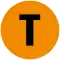 T als schwarzer Großbuchstabe in orange gefülltem Kreis