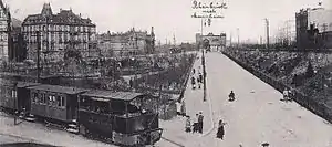 Lokalbahnlok 'FRIESENHEIM' (später 99&nbsp;084) um 1900 am Ludwigshafener Jubiläumsbrunnen beim Kleinbahnhof Ludwigshafen-Brücke