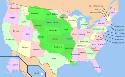 Das gekaufte Gebiet mit heutigen Bundesstaatengrenzen. Gekauft wurden: Arkansas, Missouri, Iowa, Oklahoma, Kansas und Nebraska sowie Teile von Minnesota, North Dakota, South Dakota, Texas, New Mexico, Colorado, Wyoming, Montana.