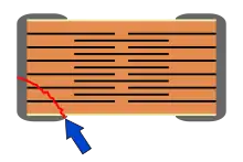 Floating-Electrode-Design-MLCC:Bei einem Bruch der Keramik wird lediglich die Kapazität reduziert.