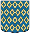 Blau, mit Fensterrauten (balkenweise aneinanderstoßend) besät (heraldisches Muster)