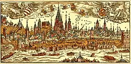Stadtansicht von Mainz mit Drususstein (13) von Franz Behem (Holzstich, 1565)