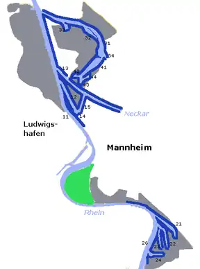 Lage der Reißinsel und des Waldparks (grün).