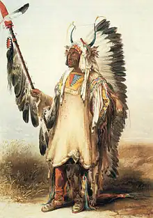 „Mató Tópe,Häuptling der Mandan“,Aquarell auf Papier,Karl Bodmer, auf seiner Reise durch die USA 1832–34