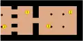 Schematischer Grundriss eines Megaron. 1:&nbsp;Antenraum, 2:&nbsp;Halle (Hauptraum), 3:&nbsp;Säulen in der Vorhalle und im Hauptraum