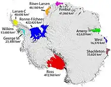 Lage des Filchner-Ronne-Schelfeis in der Antarktis (blau markierte Fläche)