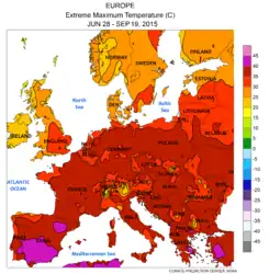 Höchsttemperatur Europa Ende Juni bis Anfang September (lila&nbsp;>&nbsp;+40&nbsp;°C, dunkelrot Wüstentag&nbsp;>&nbsp;+35&nbsp;°C, hochrot Hitzetag&nbsp;>&nbsp;+30&nbsp;°C)