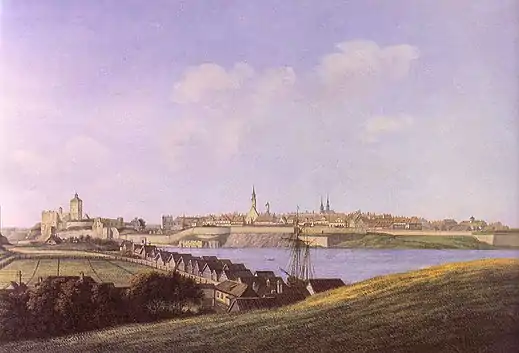 Narva im 18. Jahrhundert von Nord-Osten her gesehen.
