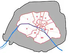 1860: Alte Arrondissements vor der Gemeindereform innerhalb der Befestigungen von 1840 bis 1845 (grau die heutigen Grenzen), die Bezirke sind entlang der Straßenzüge der Stadttore, den Faubourg, gegliedert