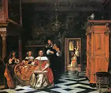 Linkes Bild: Pieter de Hooch: Portrait einer musizierenden Familie, 1663, Cleveland Museum of ArtRechtes Bild: Teppich vom „Siebenbürgen-Typ“ 17. Jh., Nationalmuseum Warschau