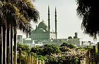 Palmenallee des Azhar-Parks mit Blick auf die Muhammad-Ali-Moschee